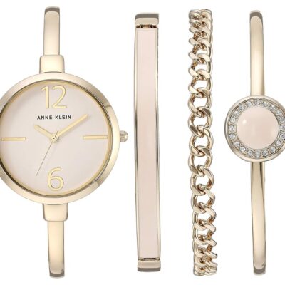 Anne Klein Women’s Bangle Watch and Premium Crystal Accented Bracelet Set