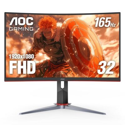 AOC C32G2 32″ Curved Frameless Gaming Monitor FHD, 1500R Curved VA, 1ms, 165Hz, FreeSync, Height adjustable, 3-Year Zero Dead Pixel Policy, Black