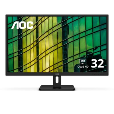 AOC Q32E2N 32″ Framless QHD 2560 x 1440 Monitor, IPS Panel, 75Hz Refresh Rate, HDMI x1, Display Port x1, Built-in Speakers, Black