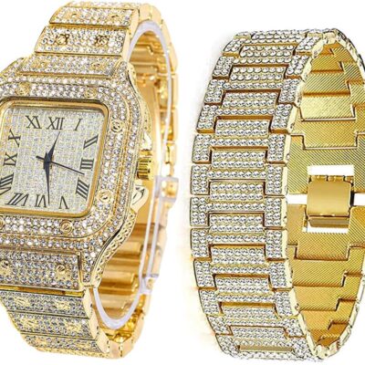 Apzzic Diamond Watch Iced Out CZ Cuban Link Watch Gold Plated Square Dial Quartz Wristband Analog Wrist Watch for Men Women