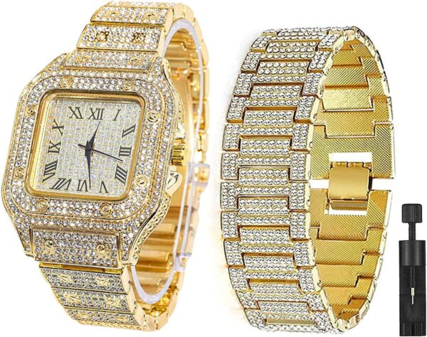 Apzzic Diamond Watch Iced Out CZ Cuban Link Watch Gold Plated Square Dial Quartz Wristband Analog Wrist Watch for Men Women