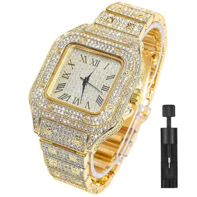 Apzzic Men’s Diamond Watch Iced Out Watchs CZ 18K Gold Plated Cuban Link Watch Square Dial Quartz Wristband Analog Wrist Watch for Men Women