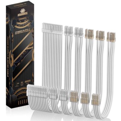 AsiaHorse PSU Cable Extension Kit of Clear Connector, 24Pin/4+4 EPS/6+2 PCI-E 16AWG ATX Power Supply Sleeved Cable Kit for Two-Way CPU Performance, 30CM Length with White Combs