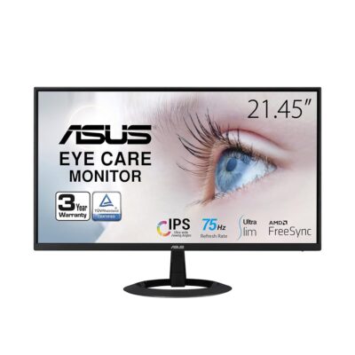 ASUS 22” (21.45” viewable) 1080P Eye Care Monitor (VZ22EHE) – Full HD, IPS, 75Hz, 1ms (MPRT), Adaptive-Sync, HDMI, Low Blue Light, Flicker Free, HDMI, VGA, Ultra-Slim,Black