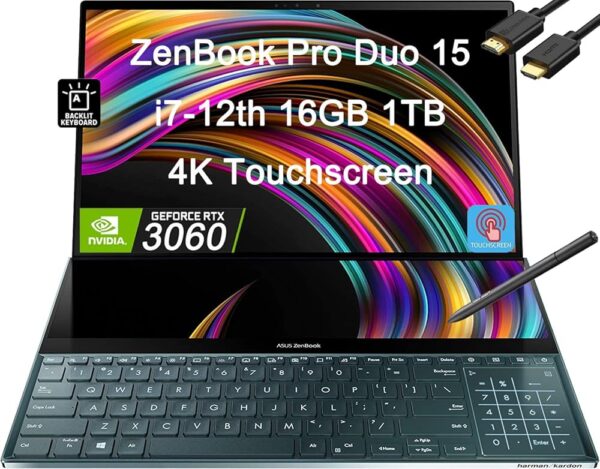 ASUS ZenBook Pro Duo 15 UX582 15.6" 4K OLED Touchscreen (Intel 14-Core i7-12700H, 16GB DDR5 RAM, 1TB SSD, GeForce RTX 3060 6GB) Business Laptop, ScreenPad Plus, Backlit, IST...