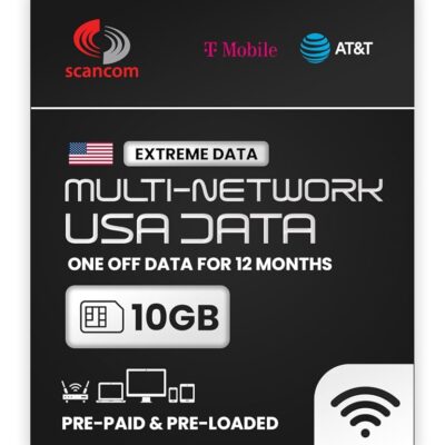 AT&T and T-Mobile Multi-Network Data Sim Card – Preloaded One-Off Data Only- Dual Network Data for Phones, Tablets & Routers – Scancom Extreme Data for 12 Months (10GB)