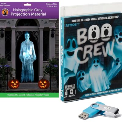 AtmosFx Boo Crew USB + 5.5′ x 9′ Large Gray Holographic Screen for Halloween Projection