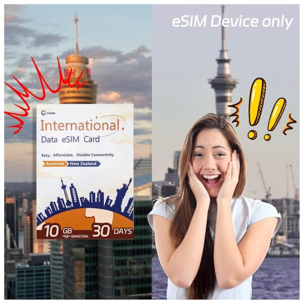 Australia & New Zealand eSIM: 10GB High-Speed Data 30-Day Prepaid Plan, Unlimited Low Data,No Roaming, Easy Activation, Hotspot Support, No SIM Card