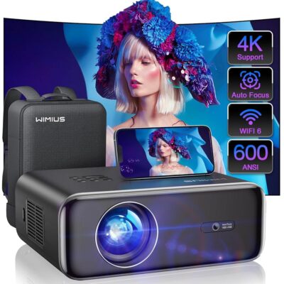 [Auto Focus/4K Support] Projector with WiFi 6 and Bluetooth 5.2, 600ANSI Native 1080P Outdoor Movie Projector, WiMiUS P62 Auto 6D Keystone & 50% Zoom, Smart Home Projector for…