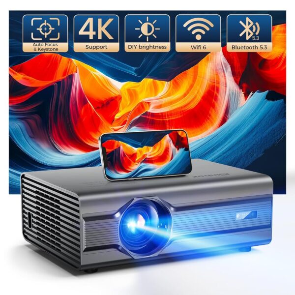 [Auto Focus/ Auto 6D Keystone] 4K Projector with WiFi 6 and Bluetooth 5.2, 850ANSI Native 1080P Outdoor Movie Projector Smart Home Theater Projectors UP to 300" & 50% Zoom for...