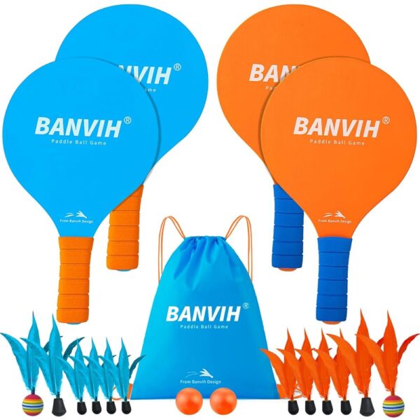 Banvih Badminton Set 4 Rackets, Paddle Ball Outdoor Games Sports Toys, Beach, Yard, Lawn, Camping Games Essentials, for Kids Teens Adults and Family