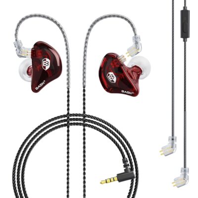 BASN Bsinger Professional in Ear Monitor Headphones, Dual Drivers 2-Pin IEM Earbuds with Mic, Clear Sound HiFi Earphones for Musicians Drummers and Stage (Red, 2-Pin)