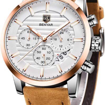 BENYAR Quartz Chronograph Waterproof Watches Business and Sport Design Leather Band Strap Wrist Watch for Men