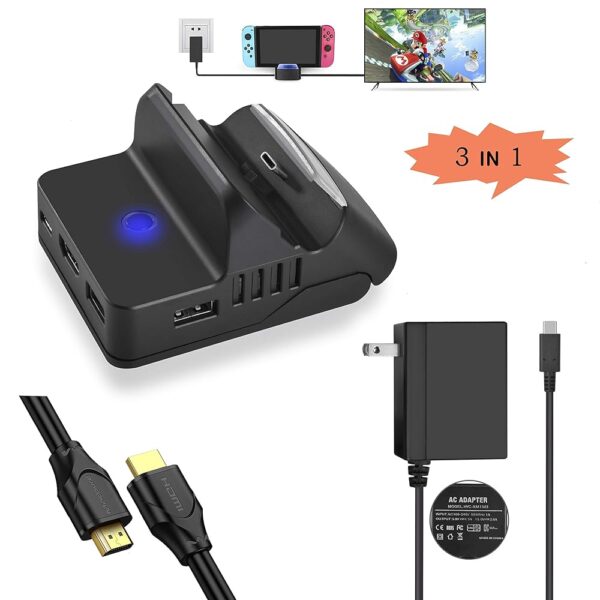 BIG Bundle: Portable TV dock, pocket TV docking station, fast charger charging Adapter and High Speed 4K HDMI Cable compatible for Nintendo Switch