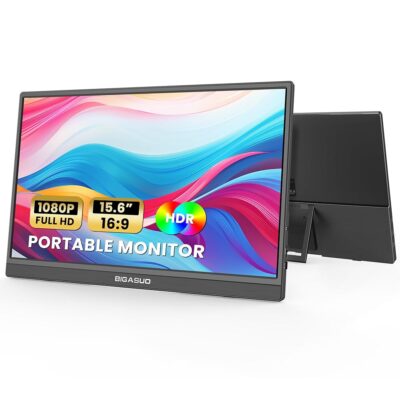 BIGASUO Portable Monitor, 15.6” FHD 1080P USB-C HDMI Travel Laptop Monitor, HDR IPS Ultra-Slim Gaming Monitor with Kickstand & Speakers, External Monitor for Laptop PC MAC…