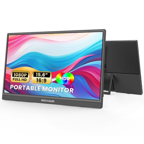 BIGASUO Portable Monitor, 15.6'' FHD 1080P USB-C HDMI Travel Laptop Monitor, HDR IPS Ultra-Slim Gaming Monitor with Kickstand & Speakers, External Monitor for Laptop PC MAC...