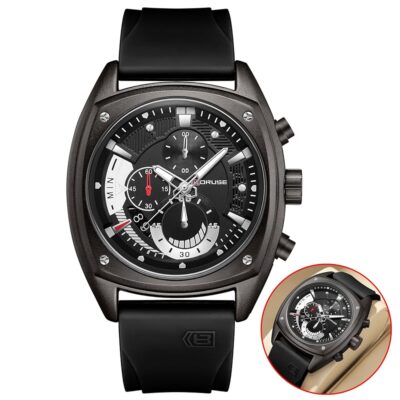 Black Mens Watch Big Face Sport Chronograph Quartz Watches Fashion Military Waterproof Calendar Man Analog Wristwatch with Silicone Strap