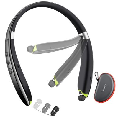 Bluetooth Headset, 2024 Upgraded Neckband Bluetooth Headphones with Retractable Earbuds, Noise Cancelling Stereo Earphones with Mic, Foldable Wireless Headphones for Sports…