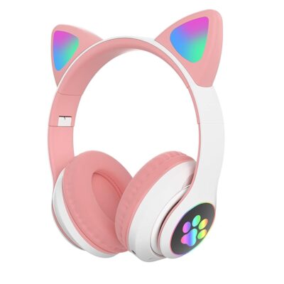 Bluetooth Wireless Headphones for Kids Teens Adults, Over-Ear Bluetooth Headphones with Microphone, Cat Ear Headphones for Girls Women (Pink)