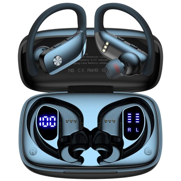 bmani Wireless Earbuds Bluetooth Headphones 48hrs Play Back Sport Earphones with LED Display Over-Ear Buds with Earhooks Built-in Mic Headset for Workout Black