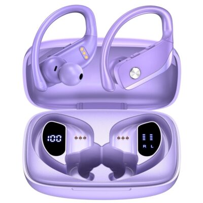 bmanl Wireless Earbuds Bluetooth Headphones 48hrs Play Back Sport Earphones with LED Display Over-Ear Buds with Earhooks Built-in Mic Headset for Workout Purple