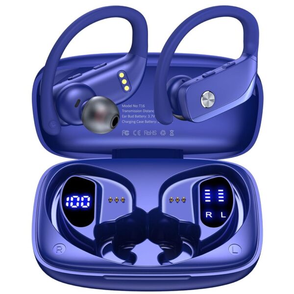 bmanl Wireless Earbuds Bluetooth Headphones 48hrs Play Back Sport Earphones with LED Display Over-Ear Buds with Earhooks Built-in Mic Headset for Workout Blue