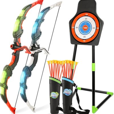 Bow and Arrow Set for Kids, 2-Pack LED Light Up Archery Set with 20 Suction Cup Arrows, Outdoor Toy for Boy Girl Age 4-8 8-12 with Standing Target&2 Quivers, Birthday Gift for…