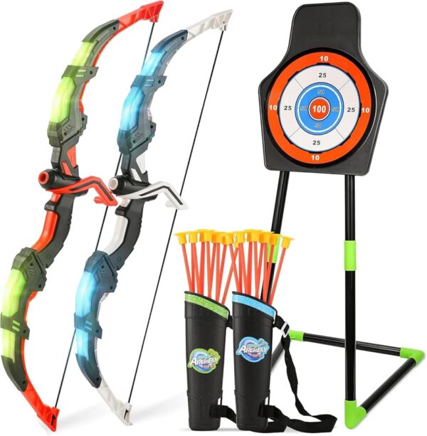 Bow and Arrow Set for Kids, 2-Pack LED Light Up Archery Set with 20 Suction Cup Arrows, Outdoor Toy for Boy Girl Age 4-8 8-12 with Standing Target&2 Quivers, Birthday Gift for...