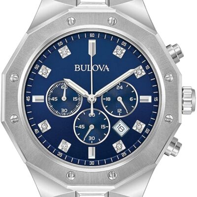 Bulova Men’s Classic Diamond 6-Hand Chronograph Quartz Watch, Calendar Date, Luminous Markers, 100M Water Resistant, 44mm Style: 96D138