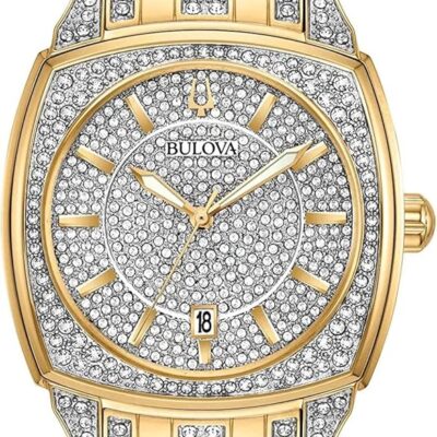 Bulova Men’s Crystal Phantom 3-Hand Date Quartz Cushion Shaped Case Watch, Pave Crystal Dial, 40mm