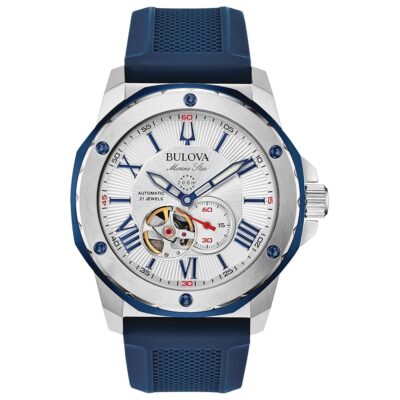 Bulova Men’s Marine Star ‘Series A’ Automatic Stainless Steel Case with Blue Textured Silicone Strap, Open Aperture, Silver White Dial Model: 98A225