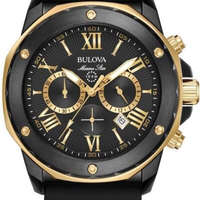 Bulova Men’s Marine Star Series A Black and Rose Gold Ion-Plated Stainless Steel 6-Hand Chronograph Quartz Watch, Black Silicone Strap Style: 98B278