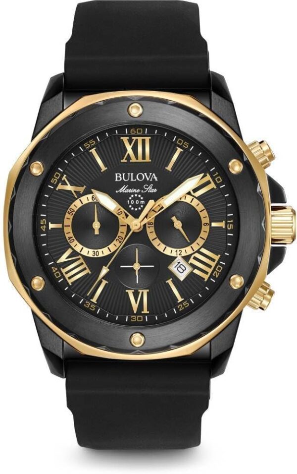 Bulova Men's Marine Star Series A Black and Rose Gold Ion-Plated Stainless Steel 6-Hand Chronograph Quartz Watch, Black Silicone Strap Style: 98B278