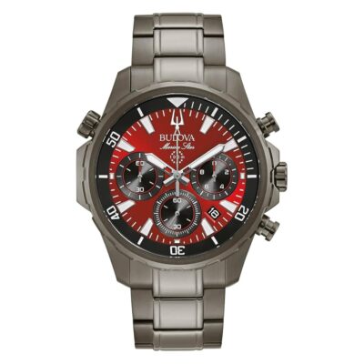 Bulova Men’s Marine Star Series B Gray Ion Plated Stainless Steel 6-Hand Chronograph Quartz Watch, Red Dial Style: 98B350