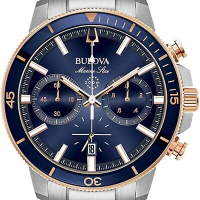 Bulova Men’s Marine Star Series C Two-Tone Rose Gold Stainless Steel 6-Hand Chronograph Quartz Watch, Blue Dial Style: 98B301