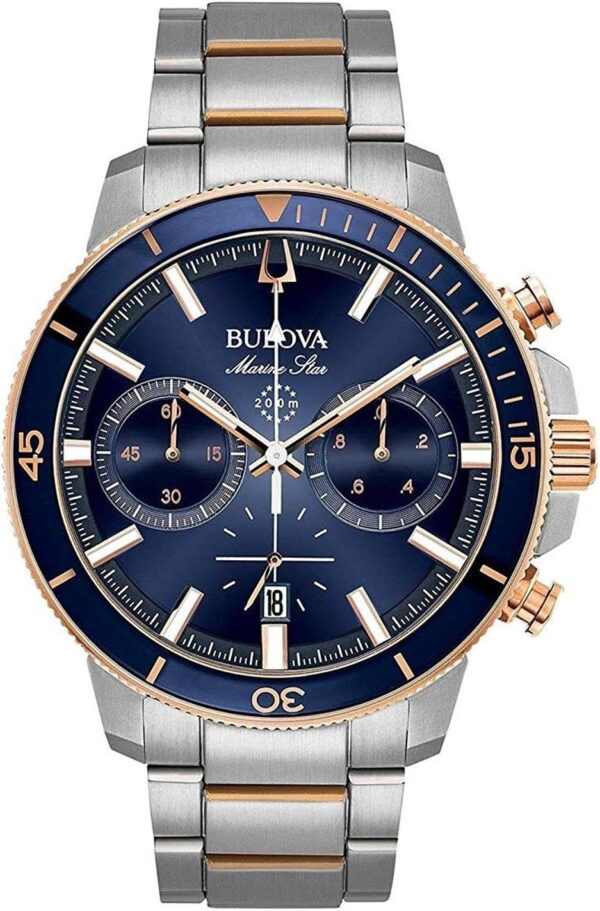 Bulova Men's Marine Star Series C Two-Tone Rose Gold Stainless Steel 6-Hand Chronograph Quartz Watch, Blue Dial Style: 98B301