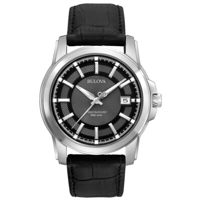 Bulova Men’s Precisionist 3-Hand Calendar in Stainless Steel with Black Leather Strap and Black Patterned Dial Style: 96B158