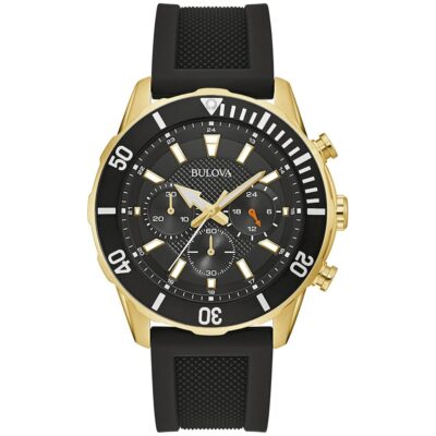 Bulova Men’s Sport 6-Hand Chronograph Quartz Watch with Silicone Strap, 24 Hour Time, Calendar Date, Luminous Hands and Markers, 100M Water Resistant, 44mm