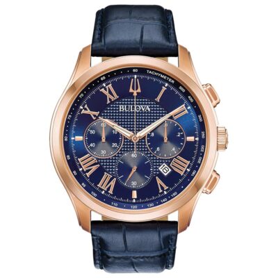 Bulova Men’s Wilton 21-Jewel Watch, 60hr Power Reserve, Luminous Hands, Roman Numerals, Domed Sapphire Crystal, 43mm, Blue/Rose Gold