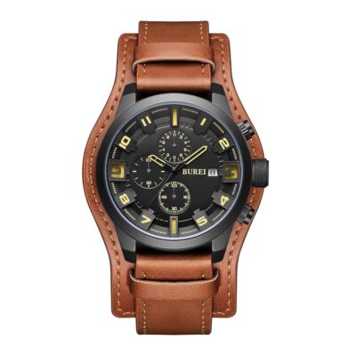 BUREI Men Black Watch Leather Watches for Men Multifunction Chronograph Watch Fashion Waterproof Watch Business Casual Men’s Watch Analog Quartz Watch