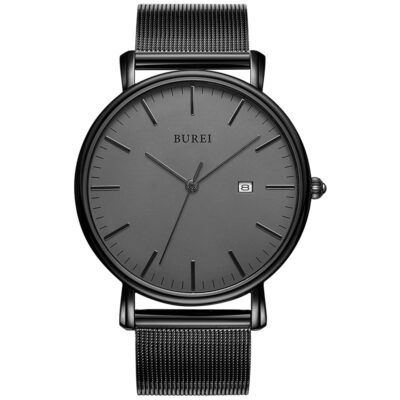 BUREI Men’s Fashion Minimalist Wrist Watch All Black Waterproof Watches Simple Ultra Thin Watches Analog Quartz Date with Stainless Steel Mesh Band