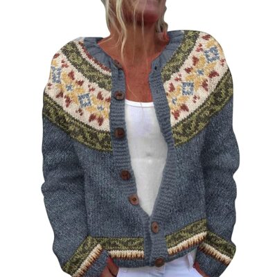 Cable Knit Sweater Women Floral Print Comfortable Knitted Cardigan Vintage Knitted Sweater Fair Isle Sweaters Womens