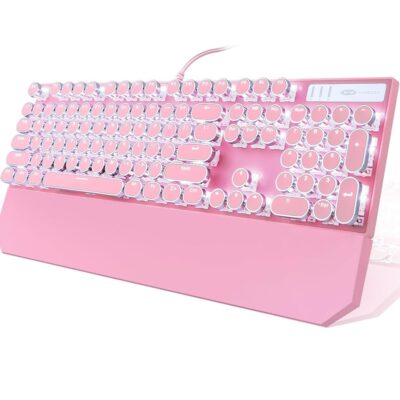 Camiysn Typewriter Style Mechanical Gaming Keyboard, Pink Retro Punk Gaming Keyboard with White Backlit, 104 Keys Blue Switch Wired Cute Keyboard, Round Keycaps for Windows/Mac/PC