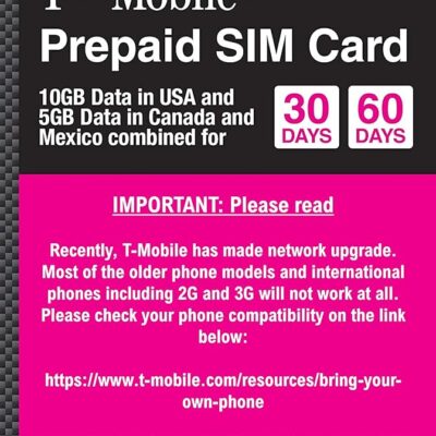 Canada, Mexico and USA Prepaid SIM Card T-Mobile 10GB 4G LTE Data in USA and 5GB Data in Canada and Mexico with Unlimited Talk and Text Among and Within Canada, Mexico and USA…