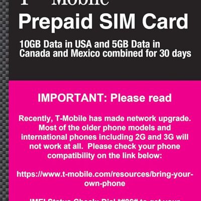 Canada, Mexico and USA Prepaid SIM Card T-Mobile 10GB 4G LTE Data in USA and 5GB Data in Canada or Mexico Combined with Unlimited Talk and Text Among and Within Canada, Mexico…