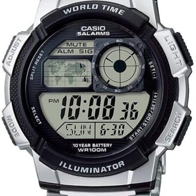 Casio AE1000WD Series | Men’s Digital Watch | Silver | 100M WR | Multi Alarms | 100 SEC Stopwatch | Countdown Timer | World Map for World Time | LED Light | LC Analog Display |…