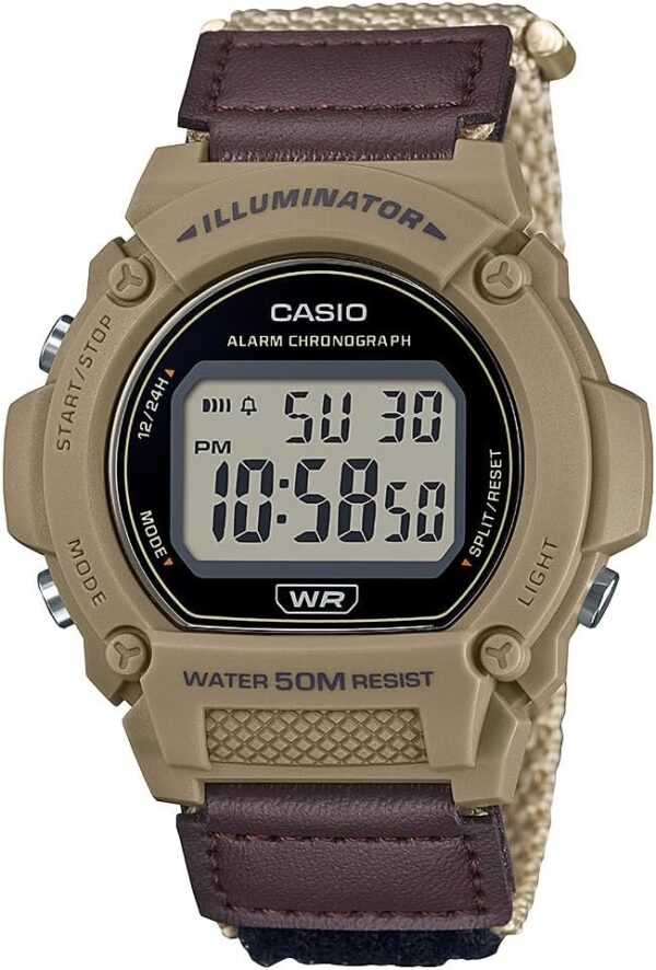 Casio W219HB Series | Men’s Watch | Tan/Brown | 50M WR | LED Backlight Illuminator | 100 SEC Chronograph | Daily Alarm | Hourly Time Signal | Auto Calendar | Cloth Band | 7 Year...