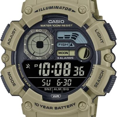 Casio WS-1500H Series | Men’s Digital Watch | (Beige) | 100M WR | LED Illuminator | Moon Phase | Fishing Graph | Date Calendar | 100 SEC Chronograph | Alarm | Dual Time