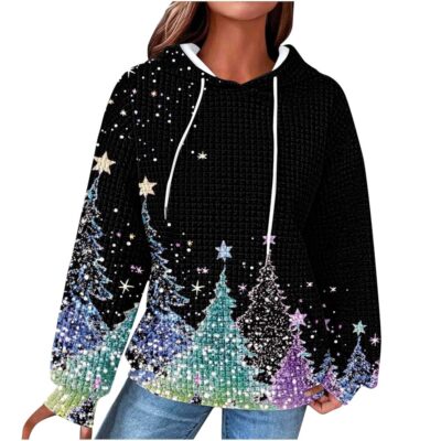 Christmas Hoodies for Women Glitter Xmas Tree Graphic Long Sleeve Sweatshirts Oversized Casual Funny Holiday Pullover