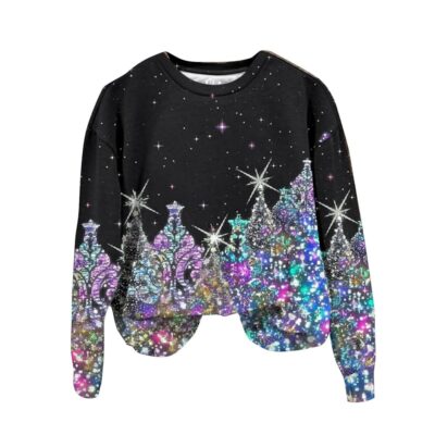 Cinched Bottom Blouse Christmas Tree Glitter Print Long Sleeve Sweatshirt Xmas Lightweight Shirt Pullover